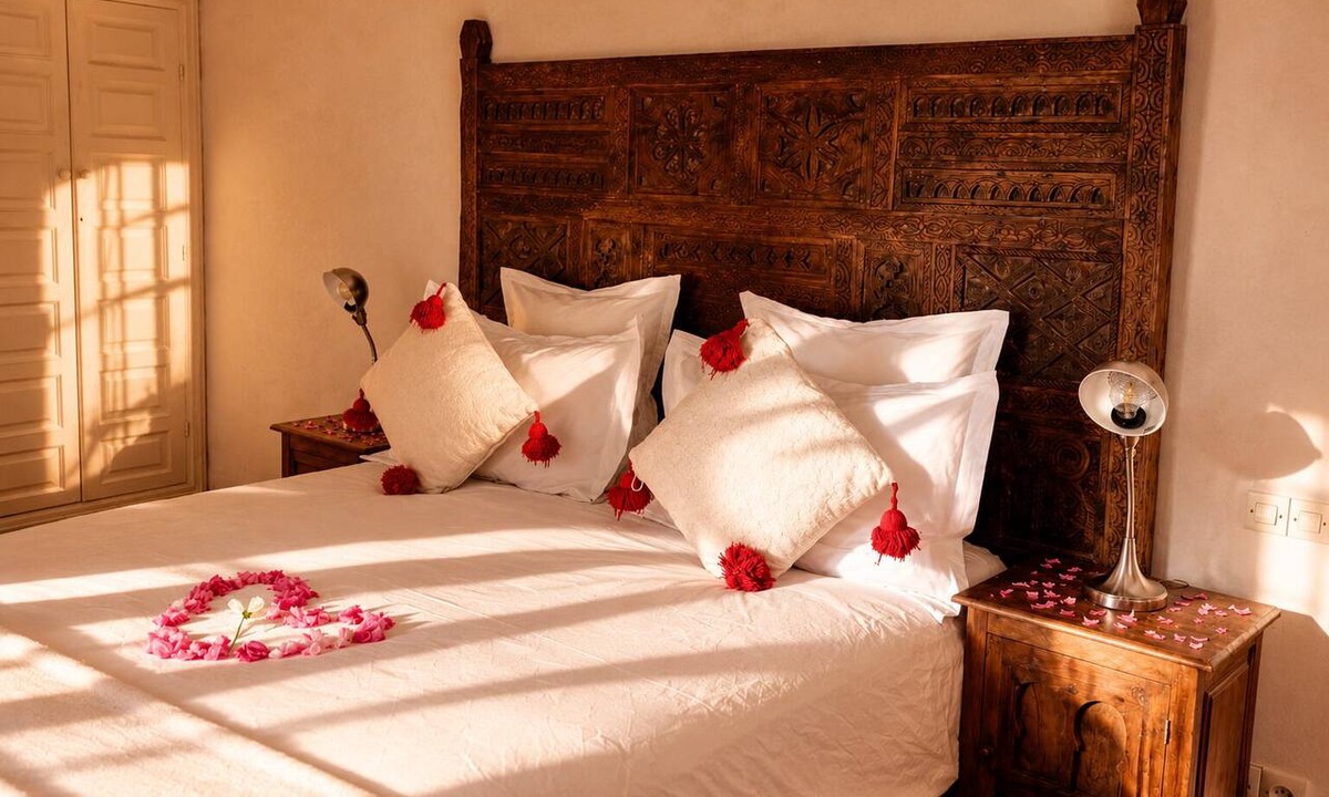 Oumnass House | Pool-view romantic bedroom